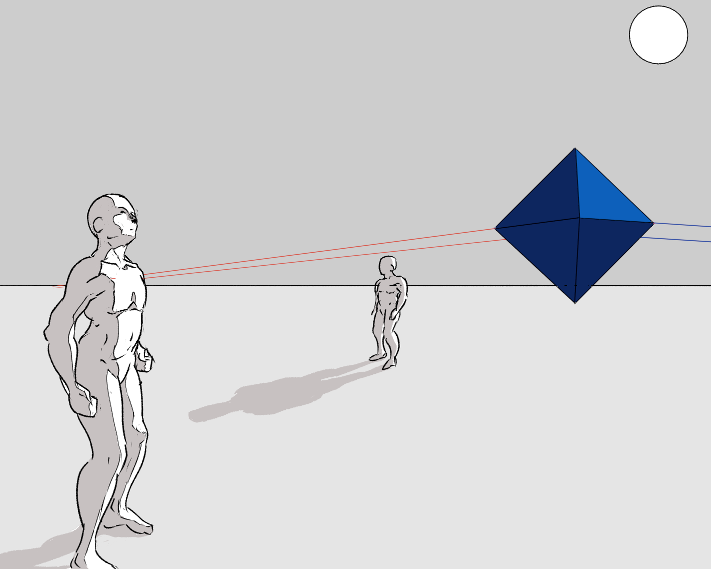 A blue octahedron is placed in the scene with the two figures. It doesn't yet have a shadow but it is above the ground.