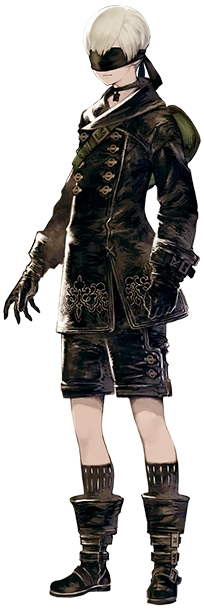 Illustration of 9S. He has a black uniform consisting of a jacket embossed with the YoRHa emblem at the bottom, gloves, shorts, and boots. He wears a small green satchel. Like 2B, he has white hair and wears a HUD resembling a blindfold.