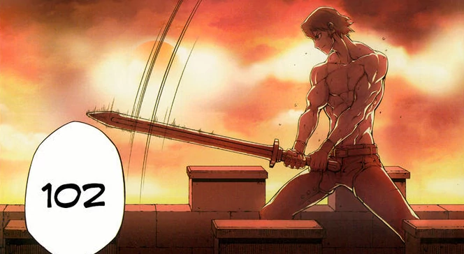 A shirtless prince Caim practices swinging his sword on the castle battlements. He is extremely ripped. Behind him, the sky is cast in red and gold colours.