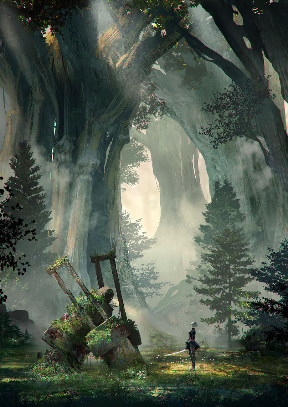 Painting of 2B standing face to face with the body of Ernst, a large Machine Lifeform now heavily overgrown. Behind her loom enormous trees.