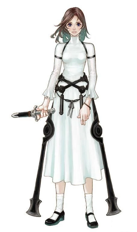 Furiae from Drag-on Dragoon, a girl in a white dress decorated with two long black ribbons and a crossed pair of belts. She holds a tiny black dagger in one hand. Her hair is brown but faids to turquoise highlights.