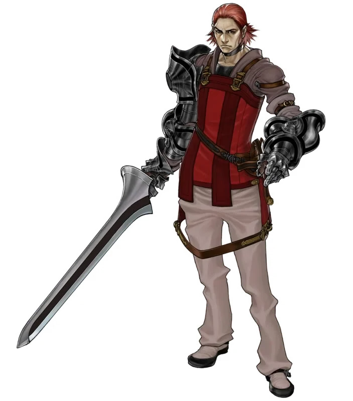 Art of Inuart from Drag-on Dragoon, a young man holding a short lance. He wears a red sleeveless garment which could be described as a tabard, sideless surcoat or perhaps jerkin, decorated with two darker stripes and a hanging belt around the front of his legs. He also has metal armour on his right arm and left forearm. His trousers are pale, and he wears surprisingly dainty shoes. He has red hair worn in a mullet.