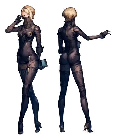 Artwork of Operator 21O. She wears a form-hugging black uniform with long heeled boots, and a veil.