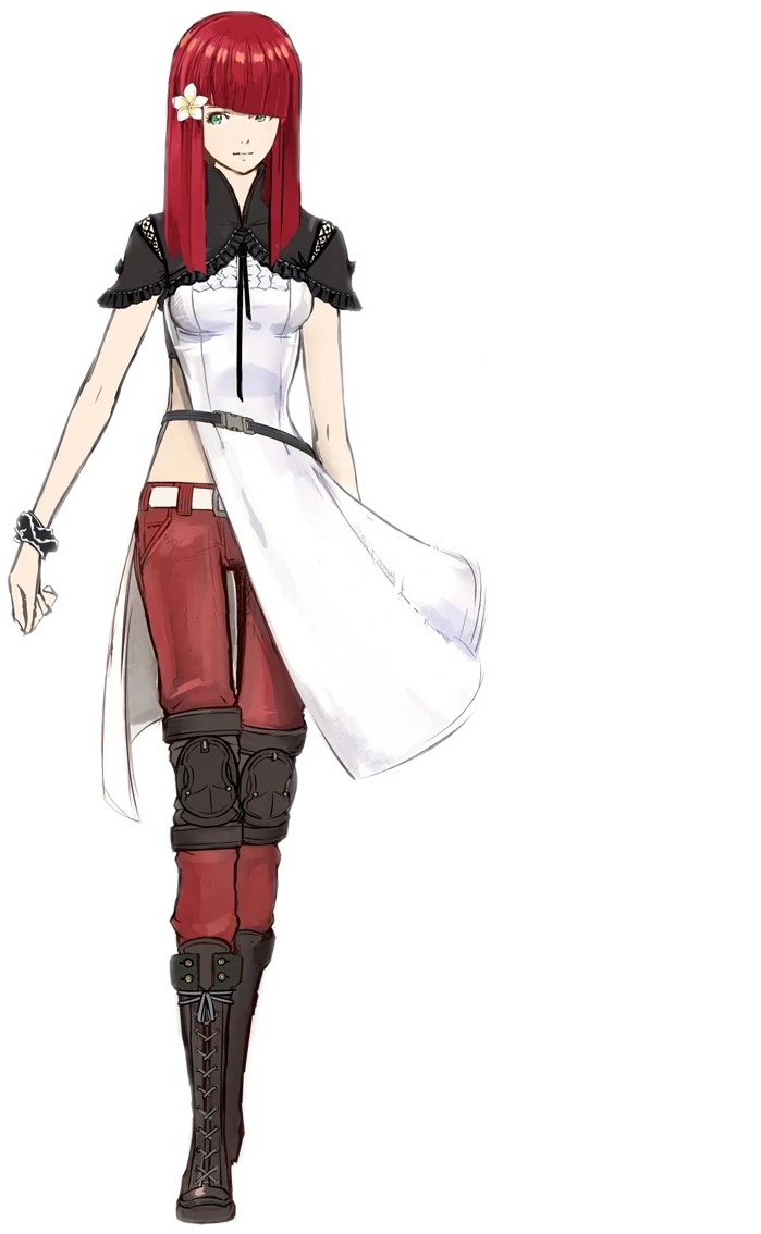 Popola as of Nier Automata. She now wears knee pads and heavier black boots instead of the loose leggings she wore in Replicant/Gestalt, and has removed the sleeves of her dress.