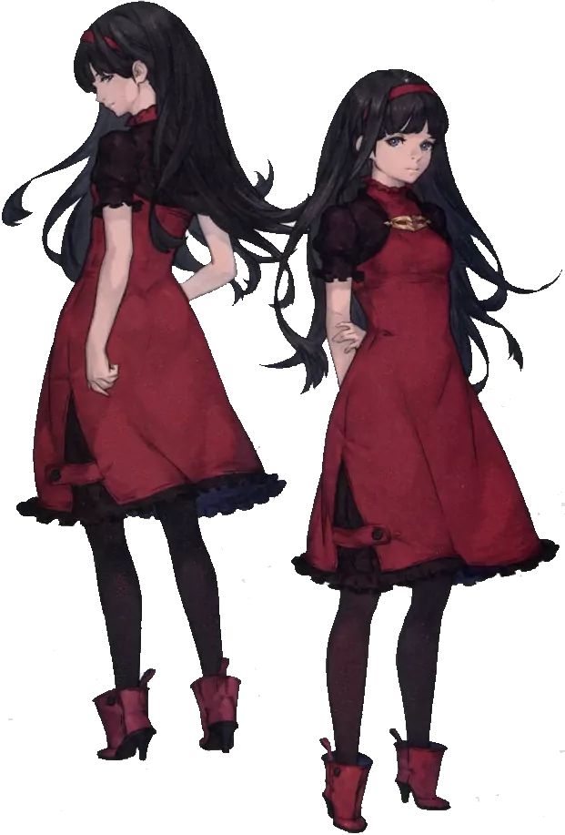 Two angles on the Red Girl. She wears a simple red dress, and has long flowing black hair with a red headband. Plus tiny little red boots.
