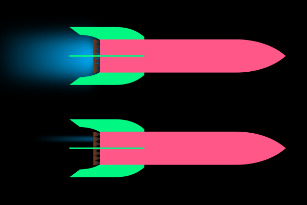 Two rockets, each with seven engines shown. One rocket has an exhaust plume coming out of all its engines, the other out of only one engine.