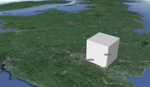 A Google Earth render of the cube on top of London. Although Google Earth supports 3D buildings, they are far too small to be visible. The Cube is easily as large as the London built-up area.