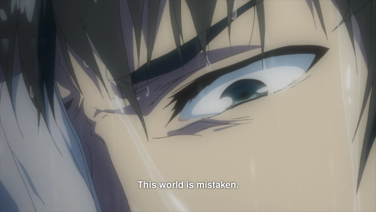 Amon glares at the camera, saying 'This world is mistaken.'