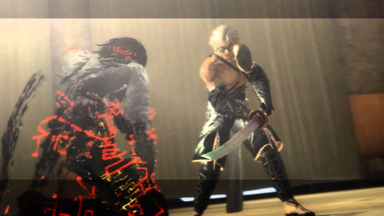 A screenshit of NieR: Gestalt. The Replicant of Father Nier faces his counterpart, the 'Shadowlord'. Nier's upper body is uncovered except for a shoulder pad; he has white hair and an eyepatch. The Shadowlord closely resembles him, but he's made of shadowy writing and red lines.