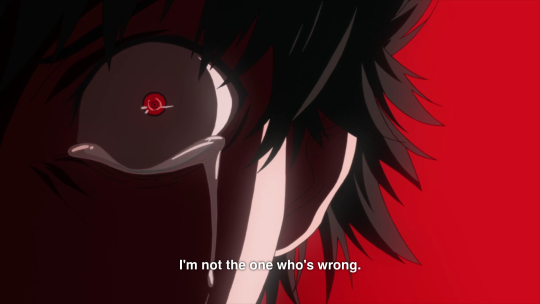 Kaneki with a narrowed pupil against a red background. He is saying 'I'm not the one who is wrong.'