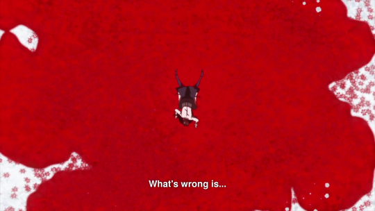 Very long shot of Kaneki in a field of white flowers turning red, crouched over Rize's body. 'What's wrong is...'