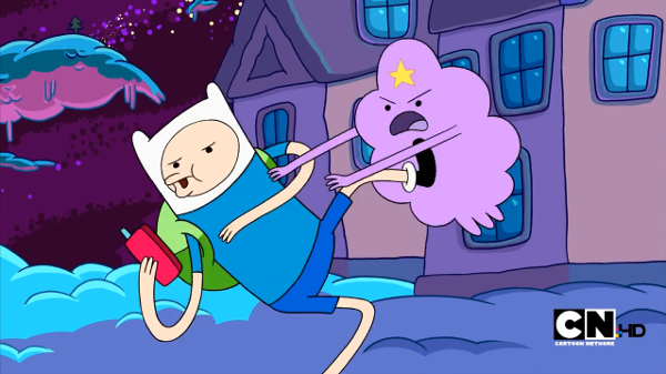 Finn kicks Lumpy Space Princess away, while imitating her to her friend Melissa on the phone. They are standing in front of her parents' house. The scene is cast in shades of purple and turquoise.