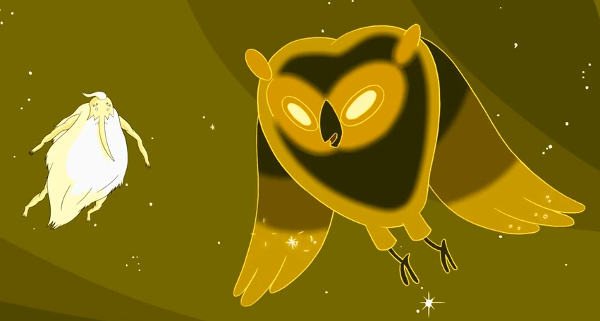 A naked, floating Ice King, flying by his beard, is confronted by a giant owl - the Cosmic Owl - in a strage yellow space.
