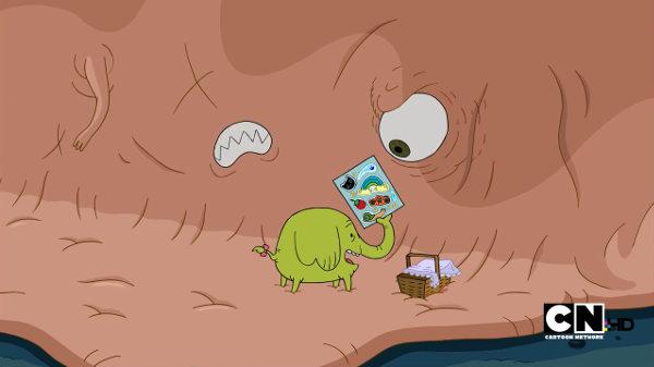 Tree Trunks, a tiny green elephant, brandishes a bunch of stickers at a large pink wall of flesh with an arm, an eye an a mouth visible.