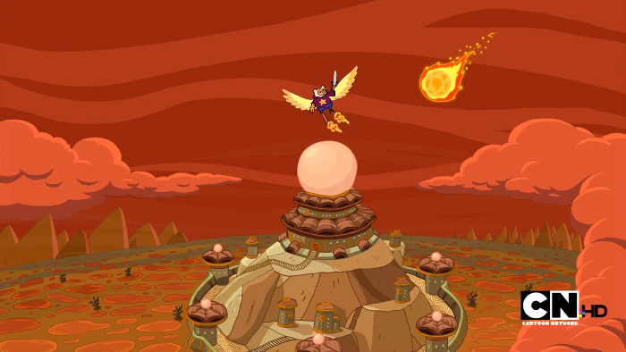 Finn, with a variety of transformations, flies over a domed temple in a scene lit by an asteroid in stark oranges and reds.