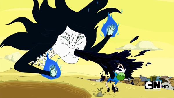 A large flying skeleton with long black hair spits black goo on Finn.