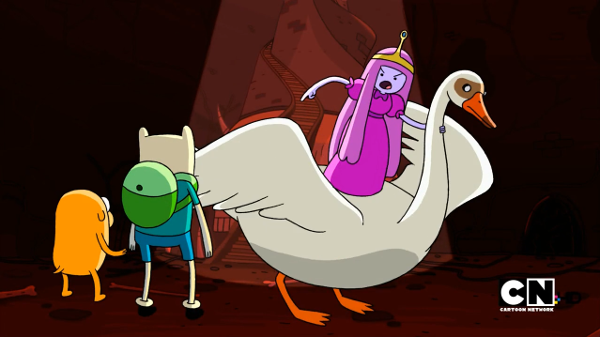 Princess Bubblegum indicates that Finn and Jake should get on her swan.