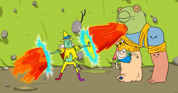 Finn and various other characters, stacked on top of each other to make something vaguely humanoid and tied up with jake; Gork, the head, breathes fire onto the Magic Man, a green guy in a yellow outfit, who protects himself with a pair of portals.