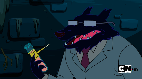 A wolf in a blazer and glasses, holding a test tube bubble pipe.