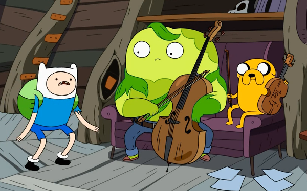 Donny - a green plant guy, now wearing trousers - sits with a cello next to Jake with a viola, while Finn exhorts him to be a jerk again.
