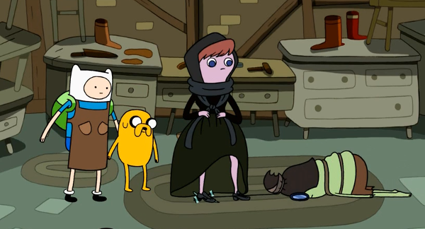 Finn and Jake look at their handiwork: a formal shoe that lassoos the real cobbler.
