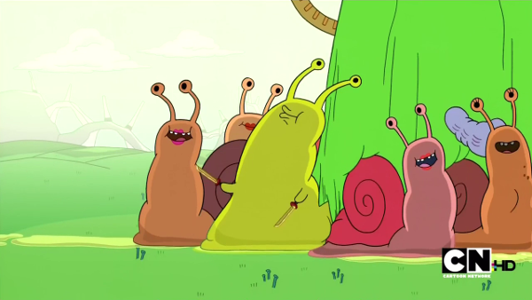 A snail swinging two swords with pursed lips (he's beatboxing), with the top part of Finn and Jake's house on his back. Various 'feminine' snails are nestling up to him.