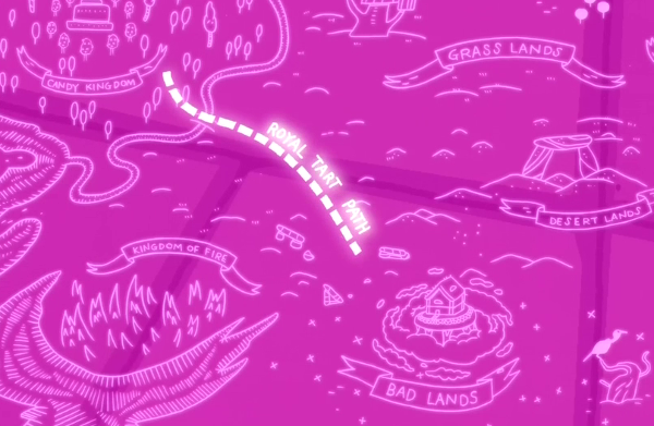 A pink holographic map with features drawn in white lines. We can see the Candy Kingdom, Grass Lands, Desert Lands, Kingdom of Fire, and the Bad Lands.