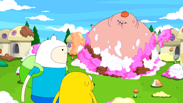 A pig expands to a massive size, partly coated in ice cream, as Finn and Jake look on in a village of mushroom-shaped houses.