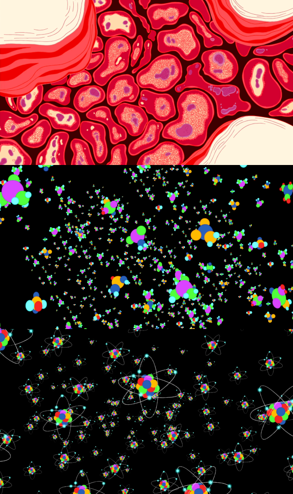 The Adventure Time universe's microstructure at three different scales: skin cells, molecules, atoms.