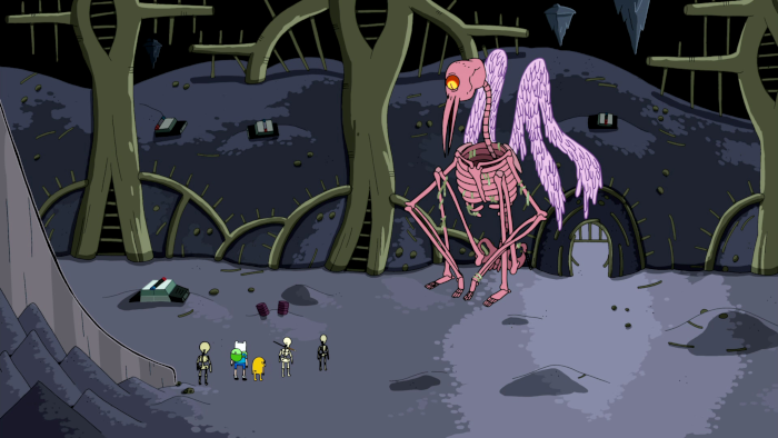 Finn and Jake stand before a gigantic pink bird skeleton in a grey, ashen realm.