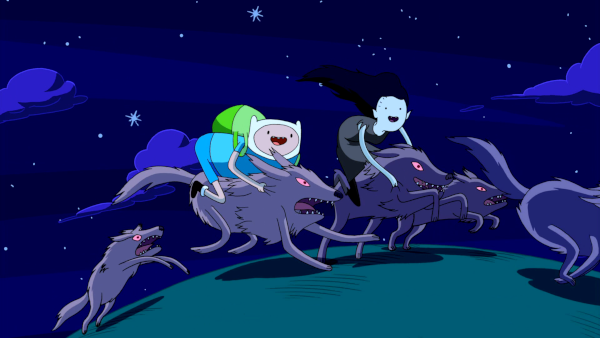 Finn and Marceline ride on the back of small stubby wolves.
