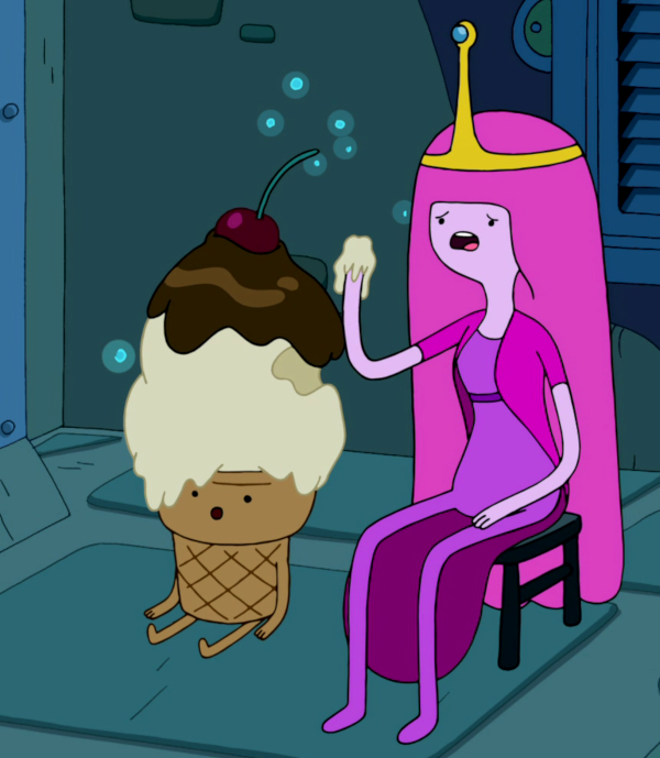 Princess Bubblegum sat next to an ice cream person, eating their ice cream head.