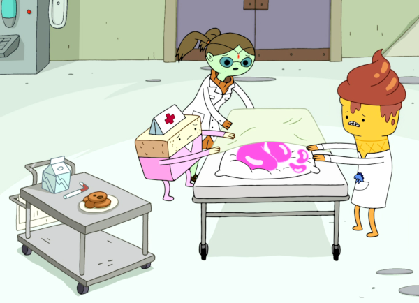 Doctor Princess (a green humanoid in a doctor's coat) and Doctor Ice Cream (an ice cream cone person) working together to reassemble Princess Bubblegum on a medical gurney.