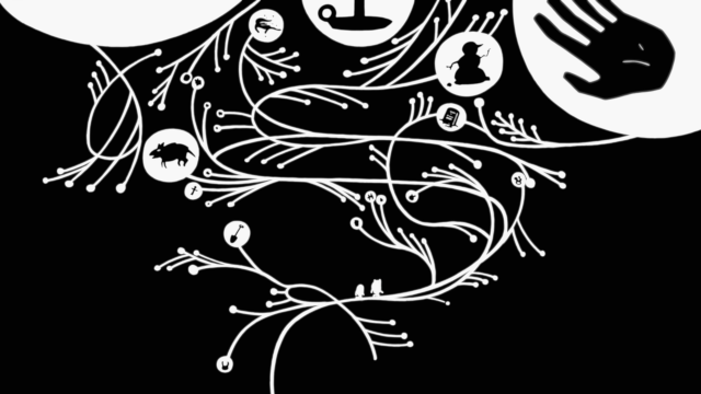 A purely monochrome black and white sequence featuring a white tree in the foreground, with Finn and Jake as tiny white silhouettes, and various orbs in the background symbolically representing Marceline's memories.