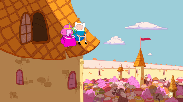 Princess Bubblegum, age regressed so that she's a small child, sitting next to Finn on a roof of the Candy Kingdom on a bright, sunny day.