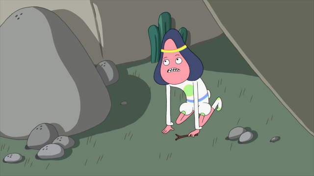 Abracadaniel, a peach-coloured person with a weirdly penis-shaped head (look, I don't know how else to describe it), crouches in the dirt. He's wearing a white jacket, weirdly bulbous shorts, and a rainbow headband.
