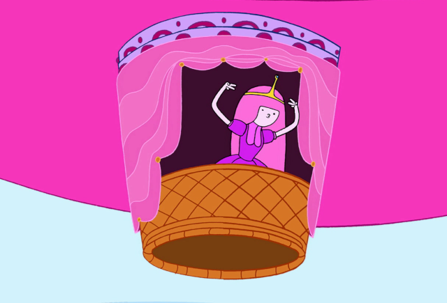 Princess Bubblegum, in a hot air balloon, gestures towards her own pursed lips with 'V' signs.