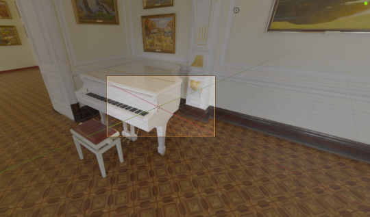 A Blender image of the same ballroom, reprojected in a scene as an environment map.