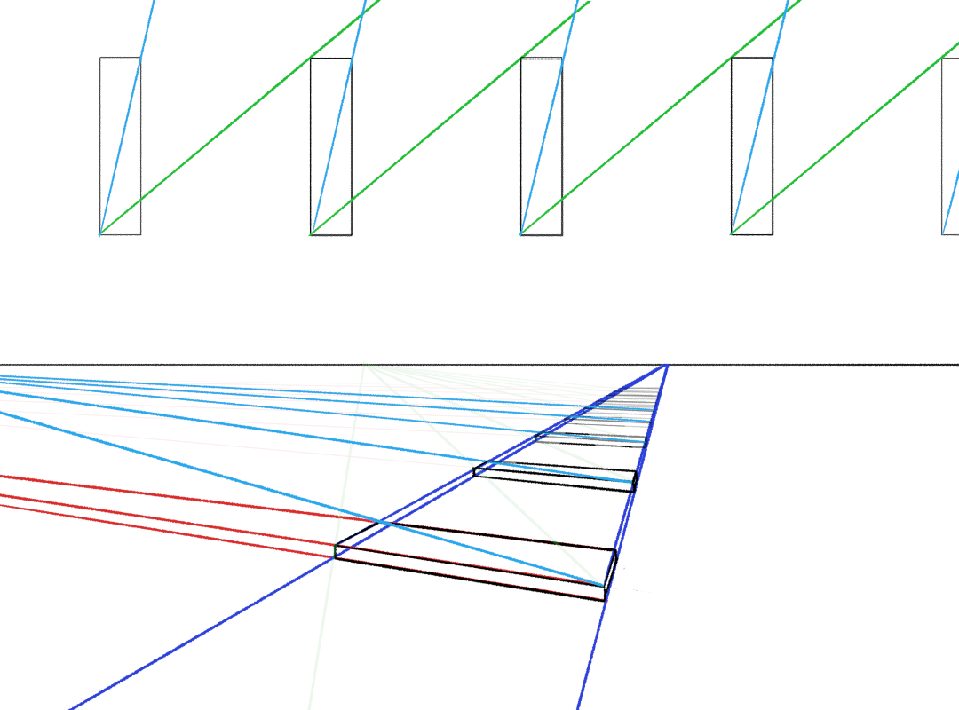 A series of equidistant lines, cloned in perspective using using a diagonal vanishing point.