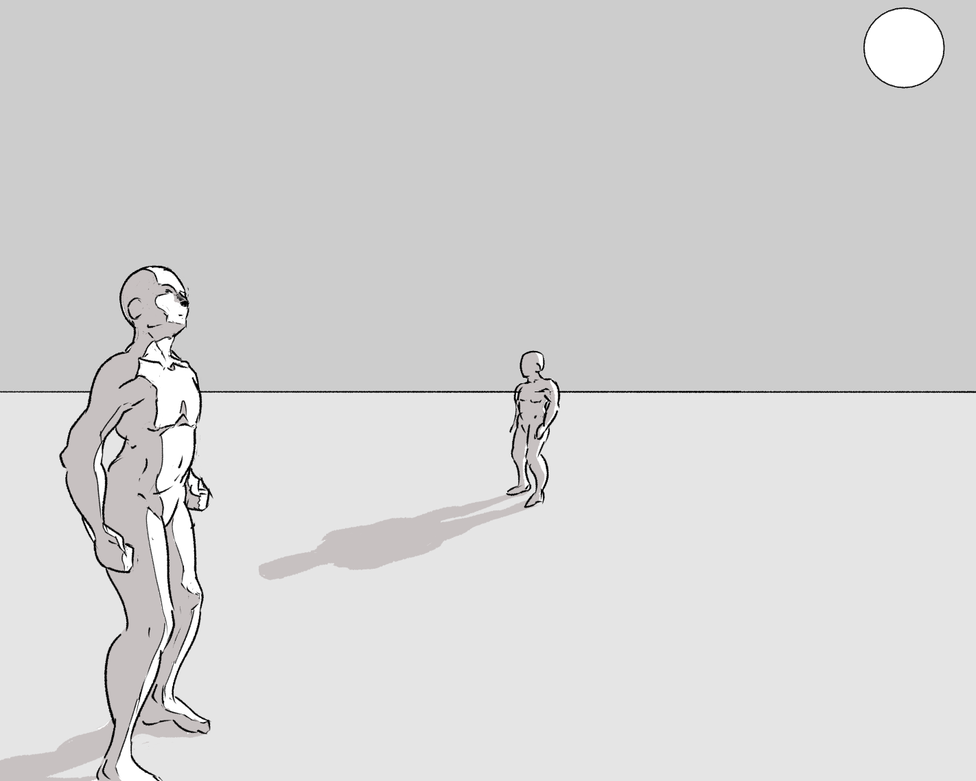 The figures hanging out in a featureless grey void, with shadows cast by the sun.