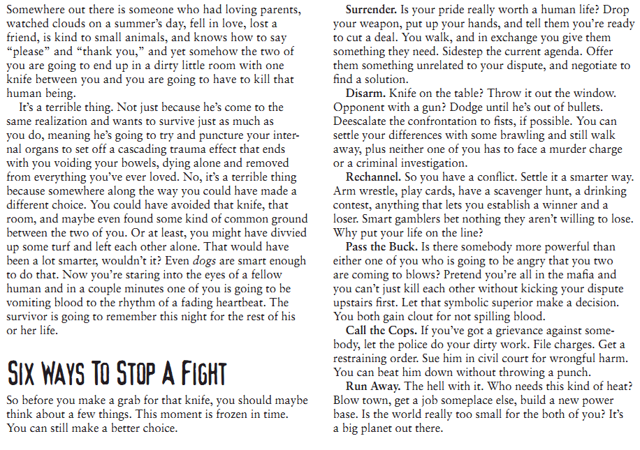 An excerpt from the game Unknown Armies, describing various possible ways to avoid escalating a confrontation into a fight.