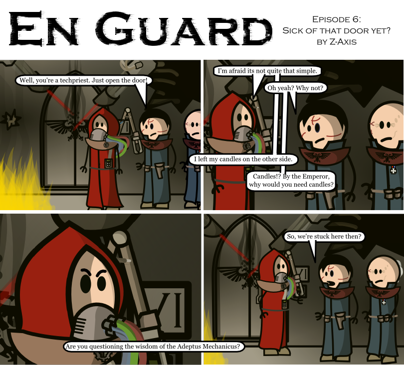 Page 6 of En Guard. The techpriest declares that he cannot open the door without candles.