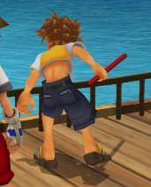 Cel-shaded, spiky-haired child wearing shorts with mismatched leg lengths, holding a red stick by the sea.