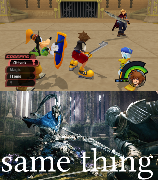 A combined image with two pictures. The top shows Sora, Goofy and Donald facing off against Cloud, who's holding his enormous Buster Sword. The second is a screenshot from Dark Souls, showing the character Artorias, a giant knight with a huge sword and ragged blue robes, facing off against the protagonist, another knight.