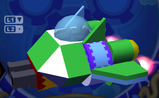 A blocky, low-poly spaceship with garish white and green colours.