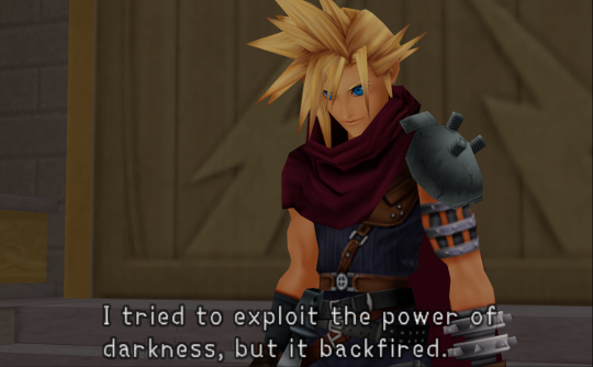Cloud facing the camera, saying 'I tried to exploit the power of darkness, but it backfired'.