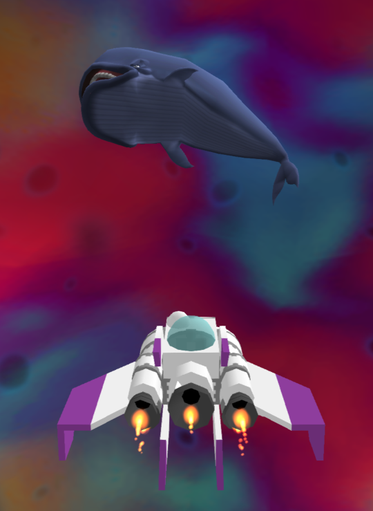 The white and purple spaceship flies towards an enormous whale, against a prismatic background in a variety of colours.