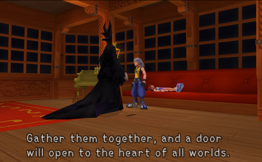 Maleficent speaking to Riku on a ship, with Kairi lying on a couch in the background.