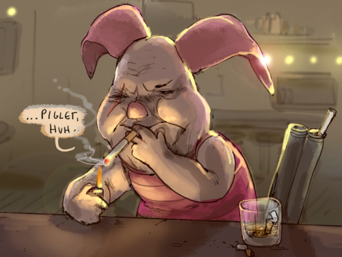 A drawing grizzled Piglet smoking in a bar, shotgun next to him, saying '...Piglet, huh.' (Drawn by Tumblr user Iguanamouth)