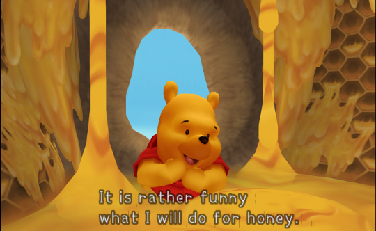 Pooh leaning into a vast pool of honey, saying 'It is rather funny what I will do for honey'.